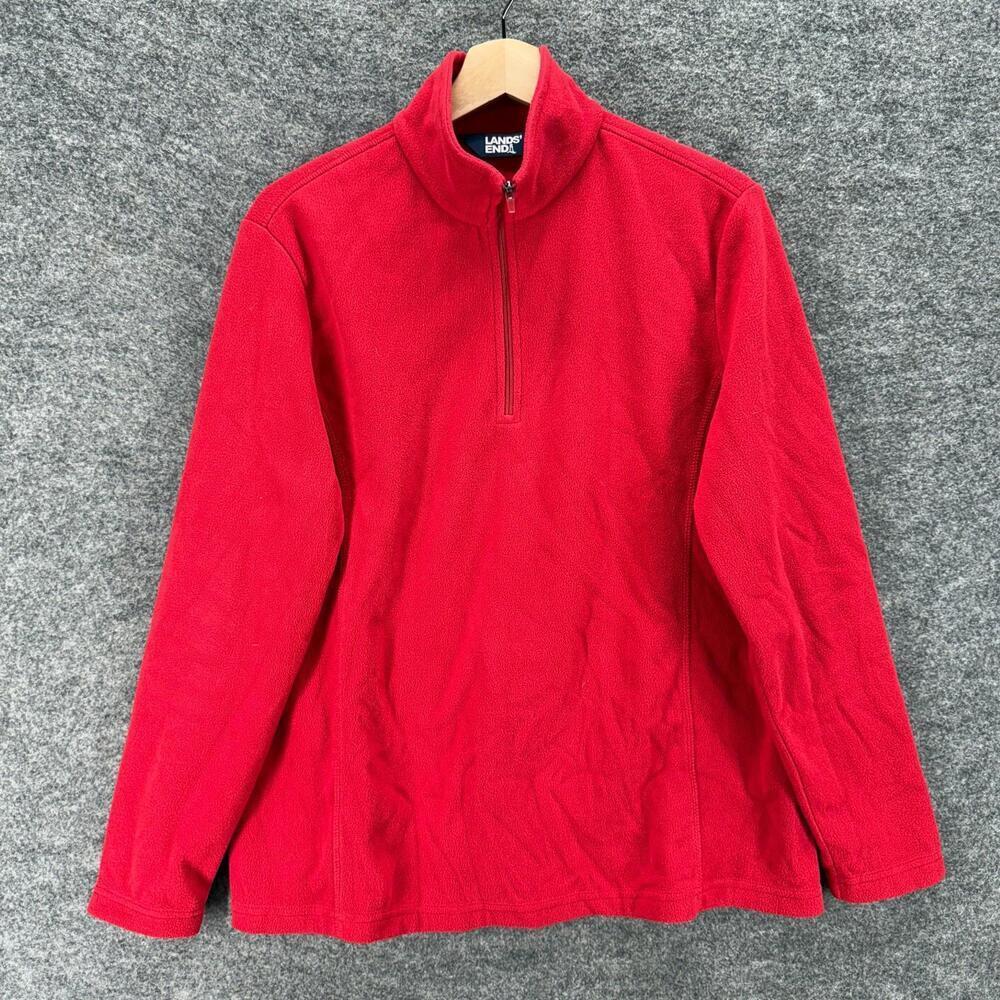 Lands' End Sweatshirt Women L Large Red Fleece Long Sleeve Zipper Collared